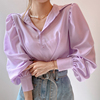 韩国chic春季复古洋气香芋紫翻领单排扣宽松纯色灯笼袖衬衫上衣女
