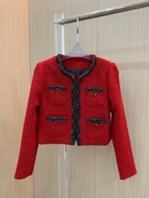 2024春季新年红色，编织粗花呢羊毛混纺圆领短款气质夹克外套女