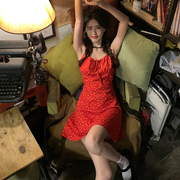 Rosselora 吊带裙2024夏季小众设计小个子红色波点短裙连衣裙