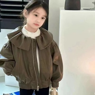 130-170女童荷叶边大翻领，pu皮皮衣，外套秋季洋气