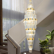 轻奢复式楼客厅旋转楼梯，水晶长吊灯loft奢华后现代，水晶灯饰具