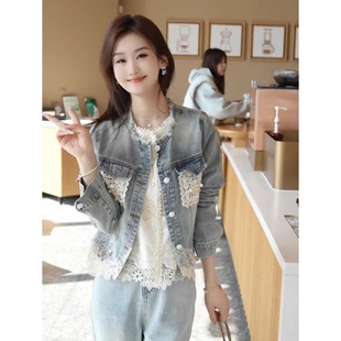 2025早春新款圆领蕾丝口袋拼接长袖牛仔短外套女设计感洋气夹克衫