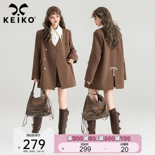 keiko法式咖色双排扣v领西装外套2024春夏气质，休闲宽松通勤小西服