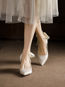 单鞋女日常可穿法式伴娘，细跟婚鞋白色成人，礼高跟鞋新娘绸缎婚纱配