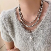 亚麻灰珍珠项链女高级感小众设计锁骨链长款毛衣链小米珠颈链