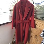 2023春季女装红色大码祥云腰带气质加厚绵羊毛双面尼大衣外套