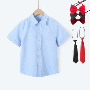 男童蓝色短袖衬衫小学生，表演出班服儿童翻领半袖，纯棉衬衣夏季薄