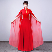 红色大合唱团演出服装女歌手高端长裙钢琴成人独唱晚礼服大气