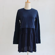 日本原单蕾丝(单蕾丝)雪纺拼接针织连衣裙毛衣套衫，圆领长袖藏蓝色中长款