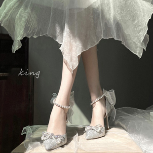 婚鞋新娘鞋法式银色高跟鞋，2023年女18岁成人礼，设计感小众细跟
