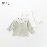 elfairy女童t恤长袖宝宝，打底衫女婴儿衣服儿童，花边领上衣纯棉春装