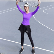 女士跑步健身长袖t恤假两件紧身网球运动裙裤瑜伽上衣九分裤套装
