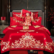 23全棉婚庆四件套婚礼床上用品大红色结婚被套床单纯棉婚房套件龙