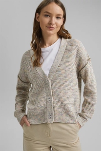 ESPRITEDC2021年冬季女装V领单排扣通勤宽松针织长袖开衫