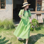 绿色小个子肌理感连衣裙女夏法式绝美仙女超仙可盐可甜在逃公主裙