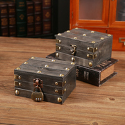 复古木质长方形收纳盒桌面珠宝，项链首饰盒密码锁储物盒带锁小箱子