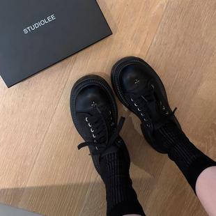 软牛皮~时髦圆头厚底帆布休闲鞋女春秋新款松糕单鞋增高德比板鞋