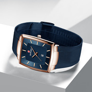 商务男表士手表石英表网蓝带，日历方形不锈钢，9mm普通国产腕表