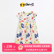 clan-c韩版潮牌夏季可爱翻领，圆领大花气质，宽松女童短袖连衣裙