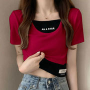 冰丝罗纹假两件t恤女短袖夏季设计感小个子撞色短款辣妹网红上衣