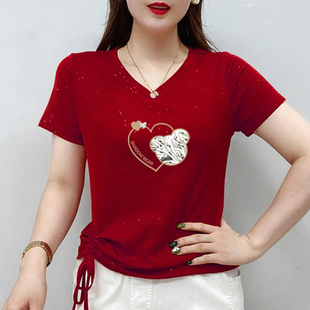 纯棉女士t恤短袖v领大码修身显瘦韩版洋气半袖鸡，心领体恤衫上衣服