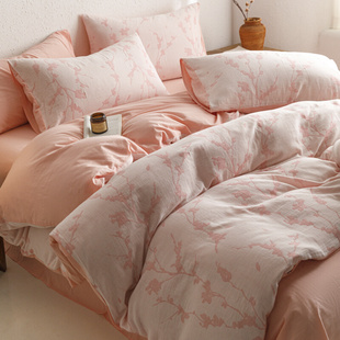 轻奢高级感纯棉床上四件套100全棉双层纱粉色床单床笠2米被套床品