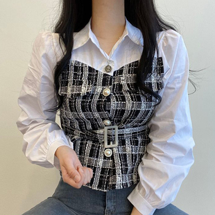 韩国chic春季气质小香风翻领撞色拼接格纹设计系带收腰长袖衬衫女