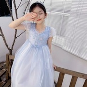 中小女童艾莎公主高端蓝色，短袖公主纯色气质，名媛表演礼服裙