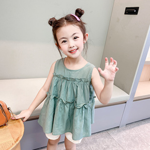 夏装3-8岁夏季女童棉布绿色娃娃衬衫洋气宝宝无袖上衣女孩衣服潮