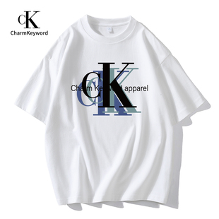 Charm Keyword短袖男t恤2024美式夏季体恤白色纯棉宽松上衣K