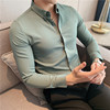 长袖衬衫男士2022春装暗条纹衬衣修身英伦潮流嫩绿色寸衫