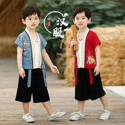 中国风汉服男女童，短袖薄款古装2两件套8岁唐装演出服棉麻套装