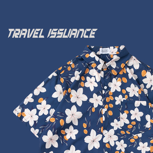 TRAVEL ISSUANCE 显白克莱因蓝花朵涂鸦小众短袖宽松夏威夷风衬衫