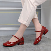 漆皮女单鞋2023春夏季软底红色，玛丽珍女鞋真皮，圆头搭扣小皮鞋大码