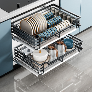 四季沐歌拉篮厨房橱柜，304不锈钢拉篮碗篮双层碗篮抽屉式收纳碗架