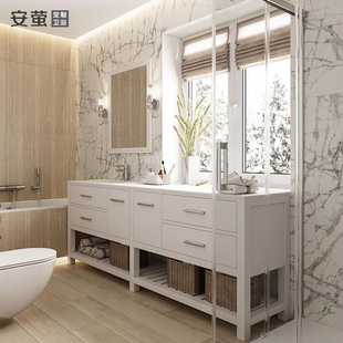 美式轻奢浴室柜简约岩板洗手脸，面盆组合定制卫生间落地实木洗漱台