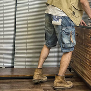 工装复古牛仔短裤男士夏季美式重磅骑行机车大口袋宽松直筒五分裤