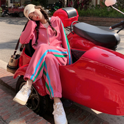 粉色休闲运动卫衣套装，女2023春秋，韩版学院风减龄直筒裤两件套
