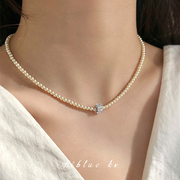 法式高级感气质施家2mm细珍珠项链，女水钻锁骨链颈链2024