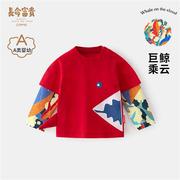 宝宝长袖t恤中国风纯棉，男童国潮婴儿服红色，上衣女春秋季