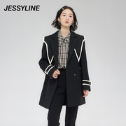 2折特卖款杰茜莱时尚，黑色中长款粗花呢，外套女装冬大衣jessyline
