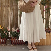 云朵白裙。原创自制2023夏精纺天然苎麻中长款半身裙拼接蕾丝