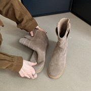磨砂真皮短筒靴女靴子2023年秋冬季单靴低粗跟复古套筒时装靴
