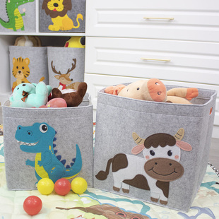可水洗卡通收纳筐儿童玩具储物整理箱加厚毛毡刺绣动物方形收纳盒