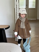 韩版冬季女童纯色复古加绒中长款衬衫男宝宝时髦厚实开衫外套