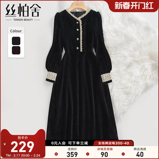 丝柏舍法式复古黑色连衣裙2023秋装女蕾丝拼接气质丝绒中长裙