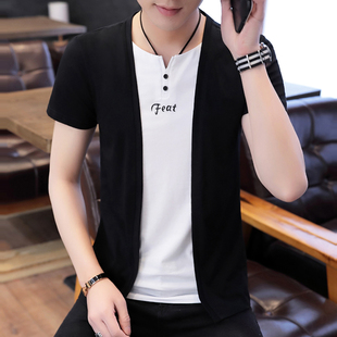青少年t恤男短袖假两件开衫夏季薄外套韩版修身个性帅气男装衣服