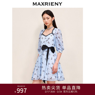 maxrieny复古蝴蝶结飘带，设计感波点连衣裙秋季甜美少女感印花裙子