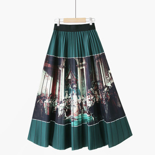 夏季韩版简约条纹撞色百搭时尚，复古法式雪纺，a字中长百褶半身裙