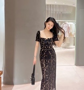 美依礼芽同款长裙法式优雅女人味性感方领显瘦气质黑色蕾丝连衣裙
